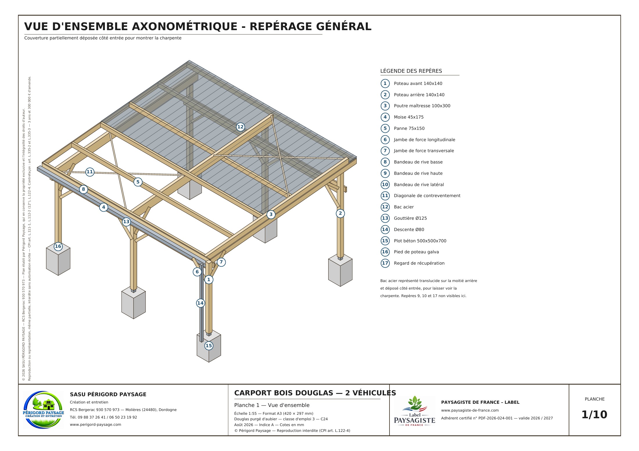 Plan original : vue d’ensemble axonométrique et repérage des pièces