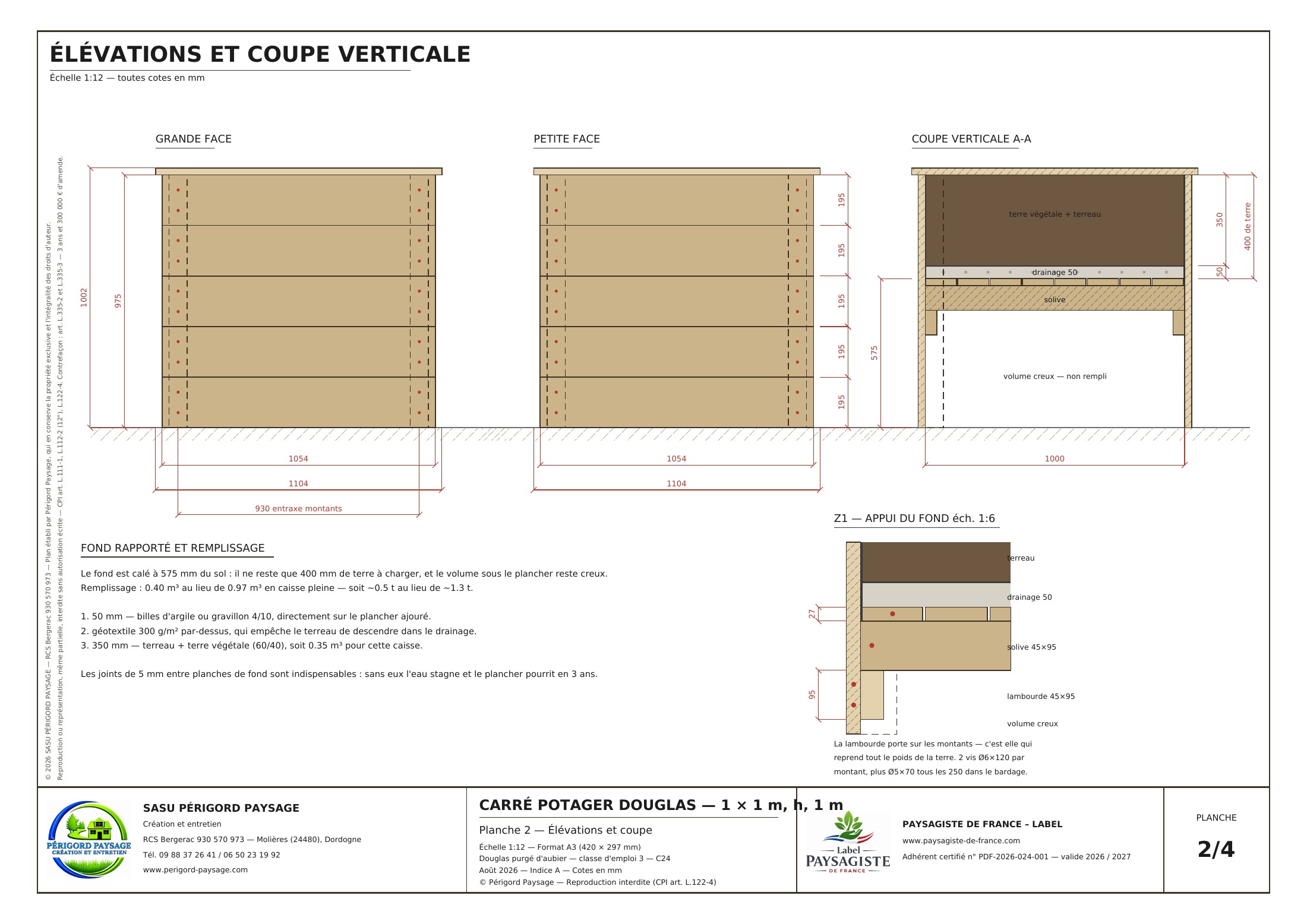 Plan original : élévations et coupe verticale