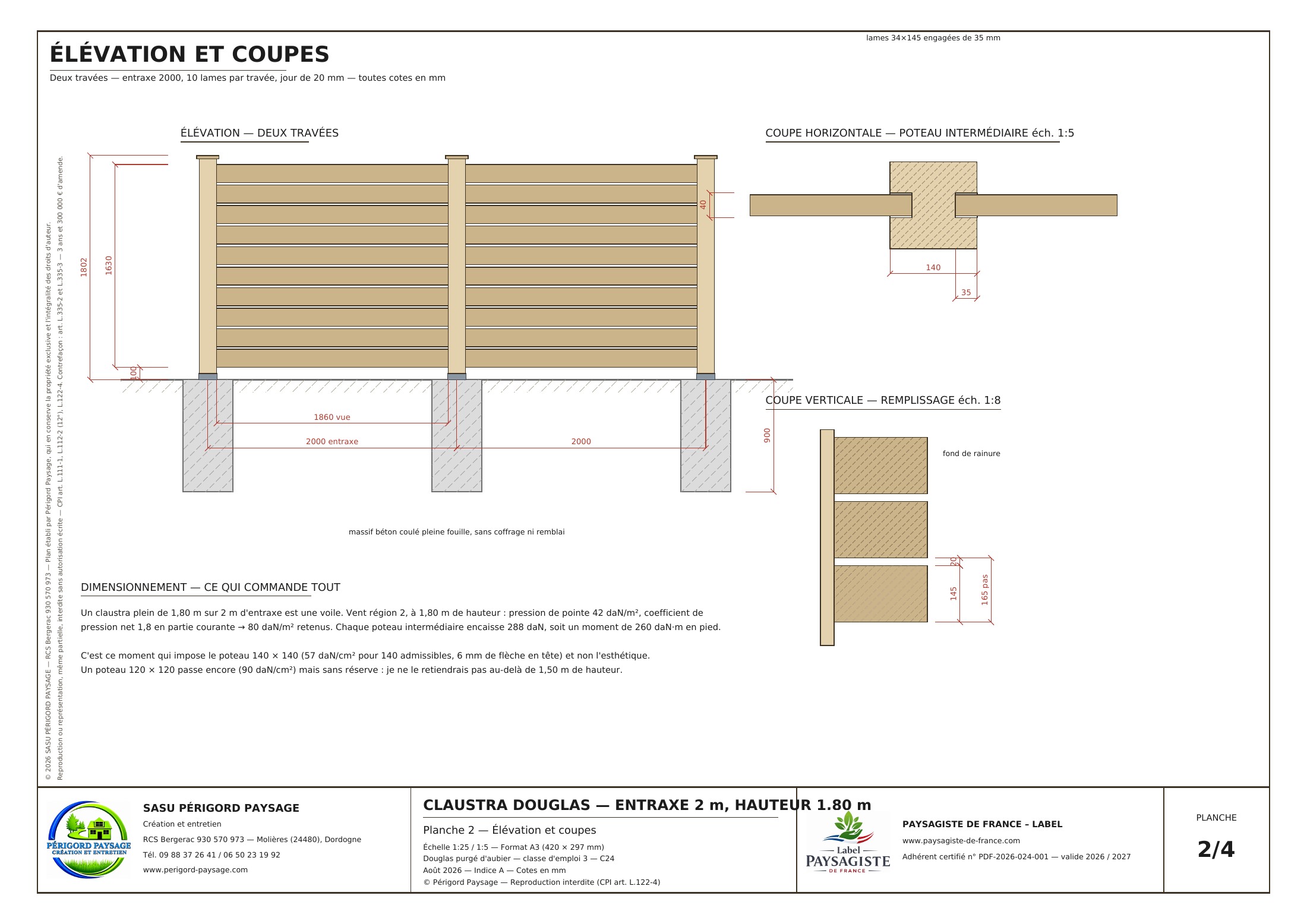 Plan original : élévation et coupes des poteaux