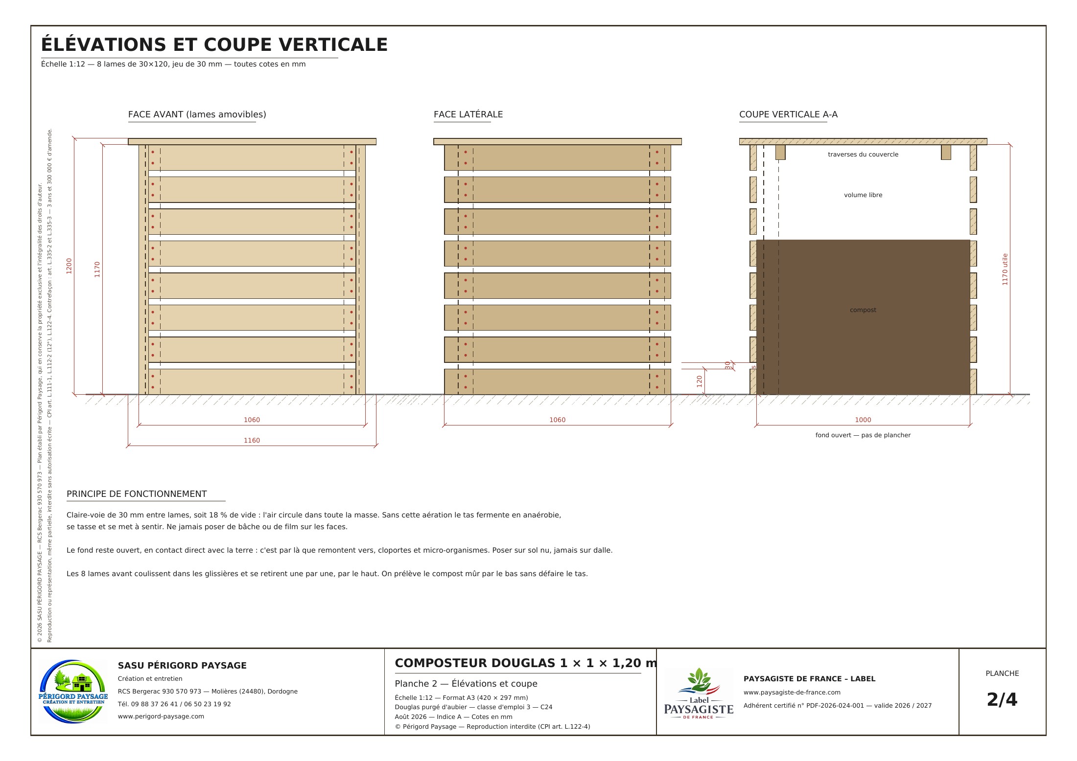 Plan original : élévations et coupe verticale