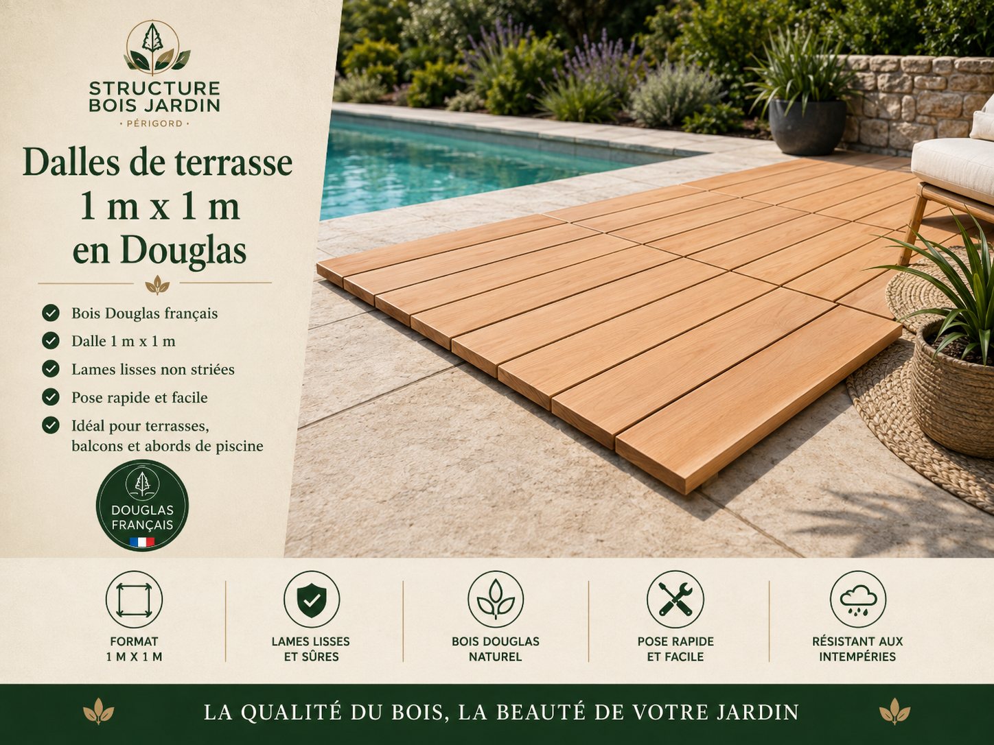 Dalles de terrasse 1 m x 1 m en Douglas