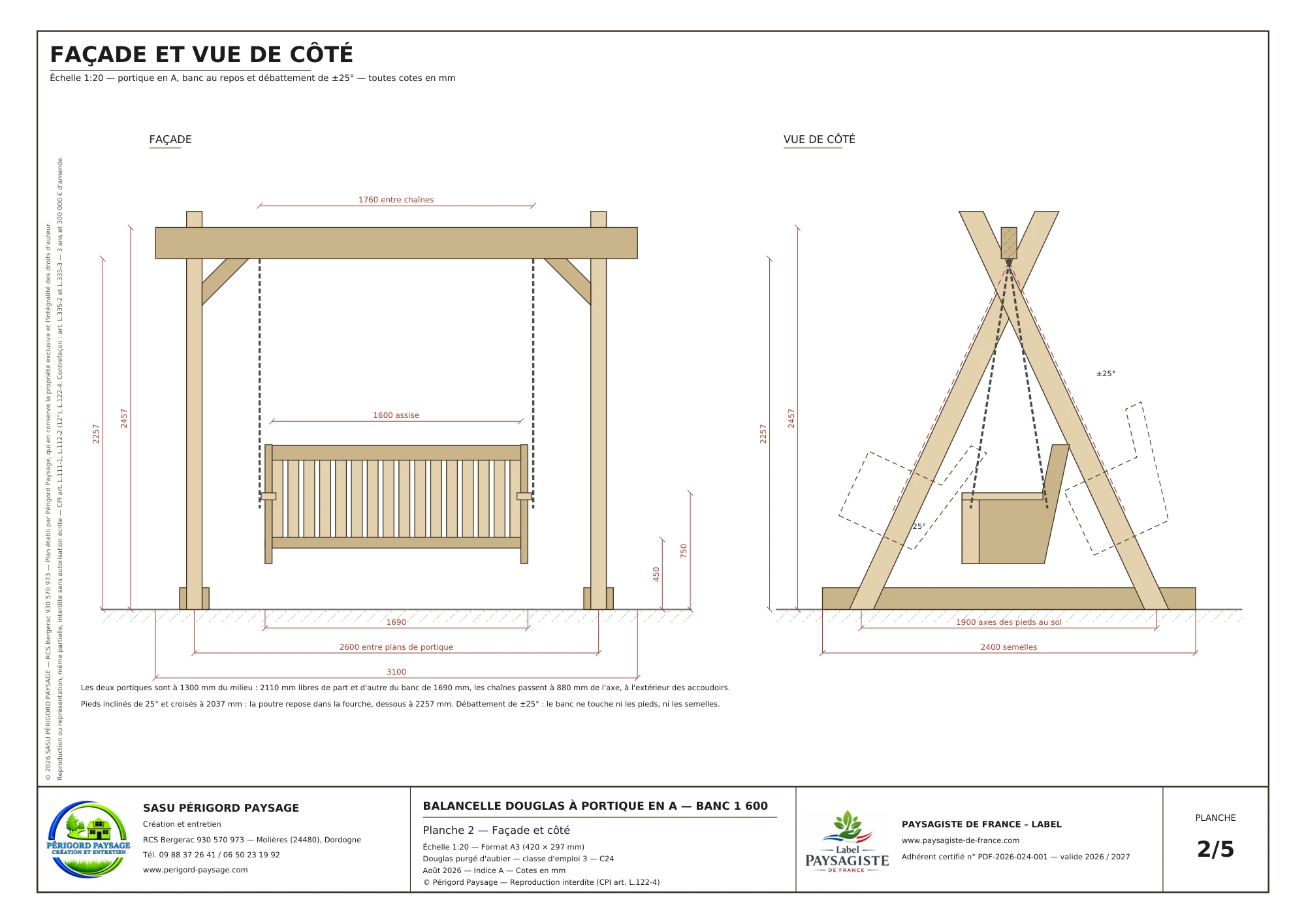 Balancelle Douglas à portique en A · banc de 1,60 m : Façade et vue de côté