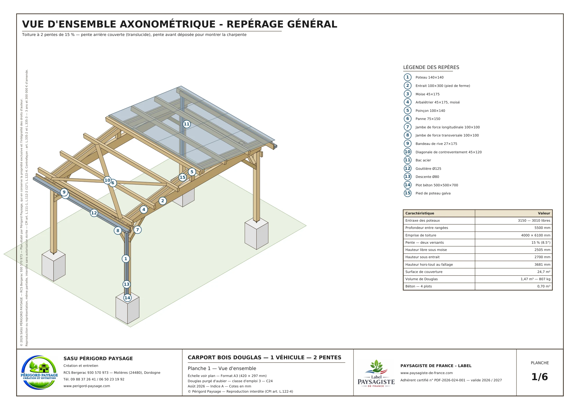 Carport Douglas à deux pentes · 1 véhicule : Vue d’ensemble et repérage
