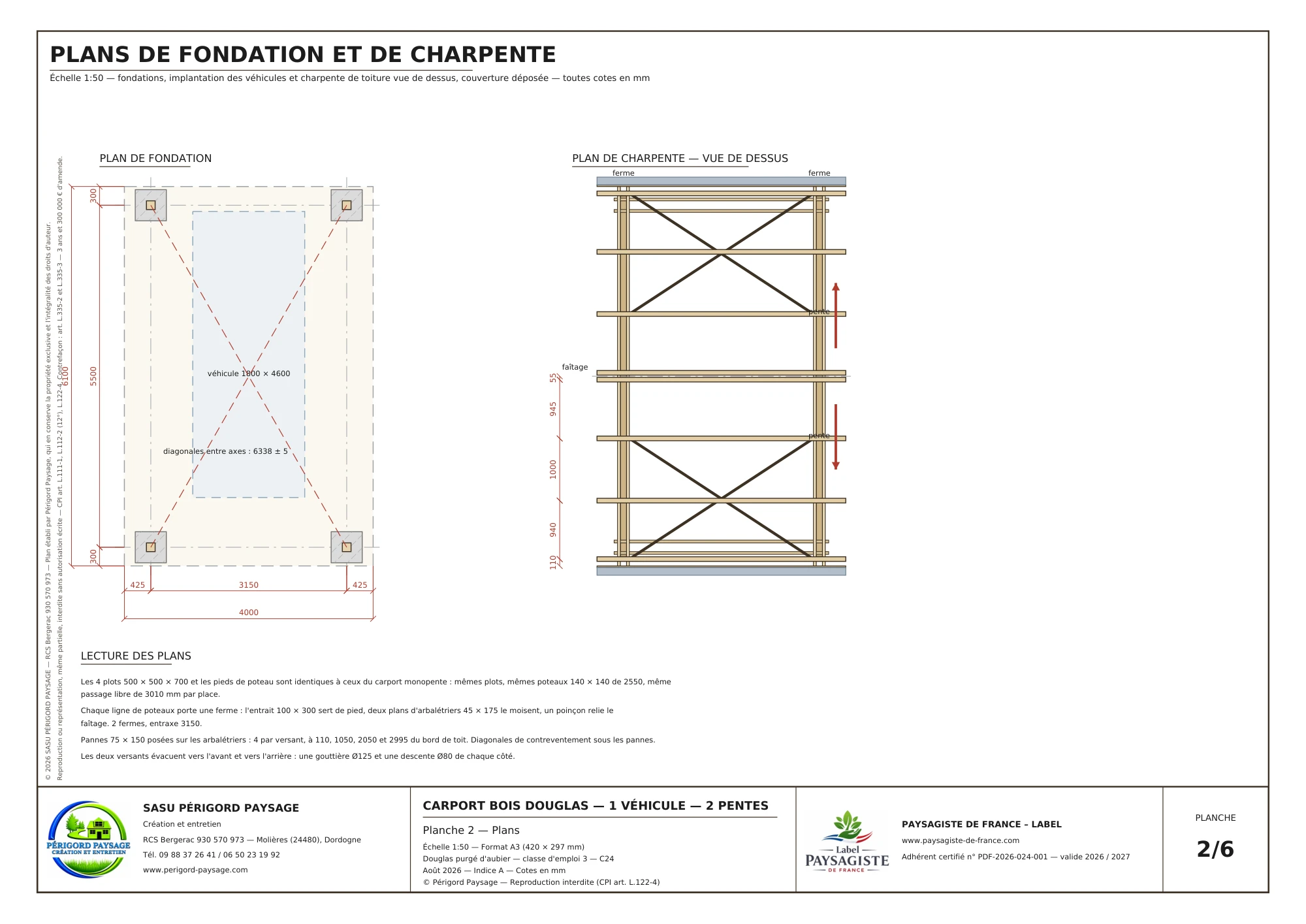 Carport Douglas à deux pentes · 1 véhicule : Fondations et plan de charpente