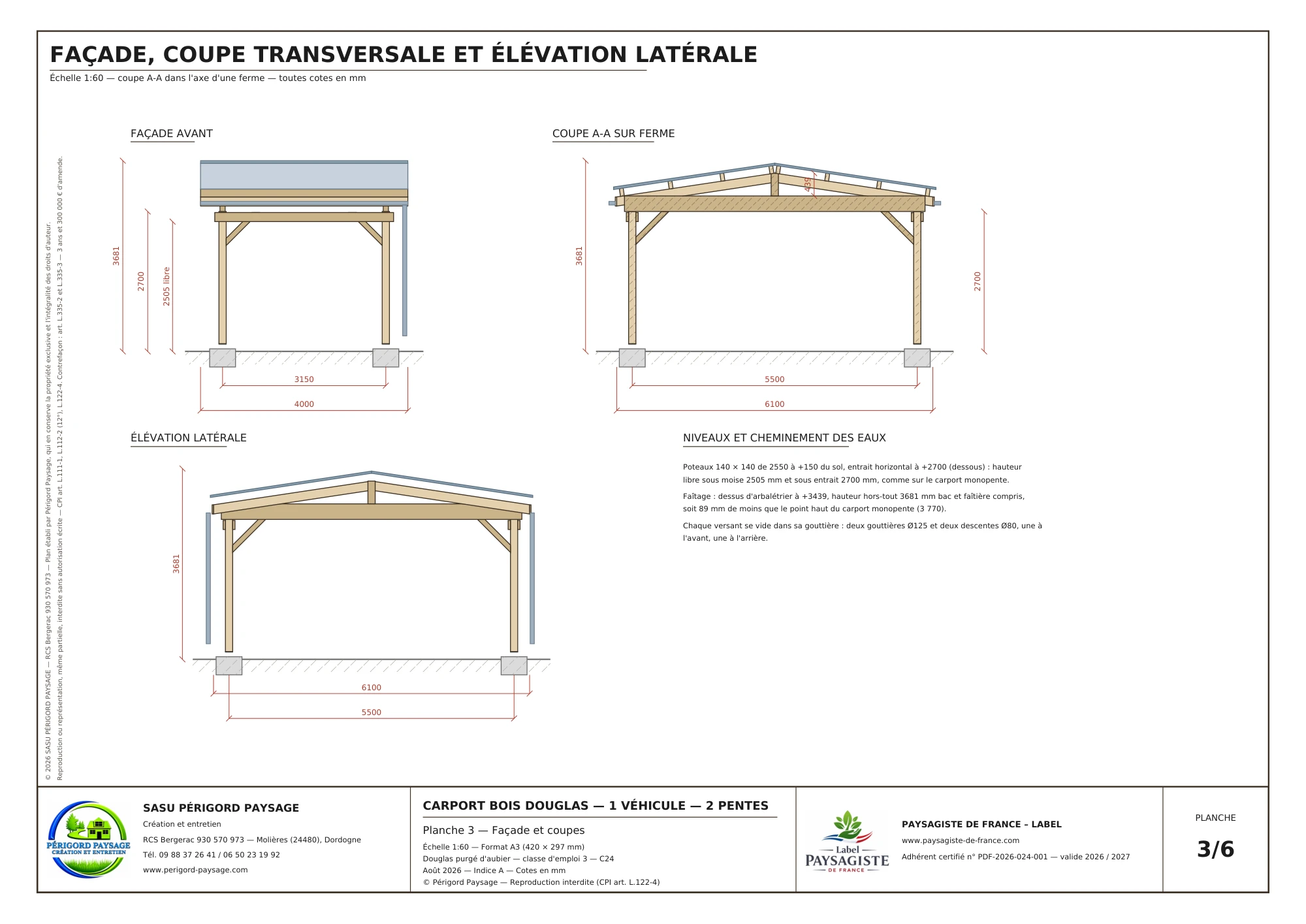 Carport Douglas à deux pentes · 1 véhicule : Façade, coupe et élévation latérale