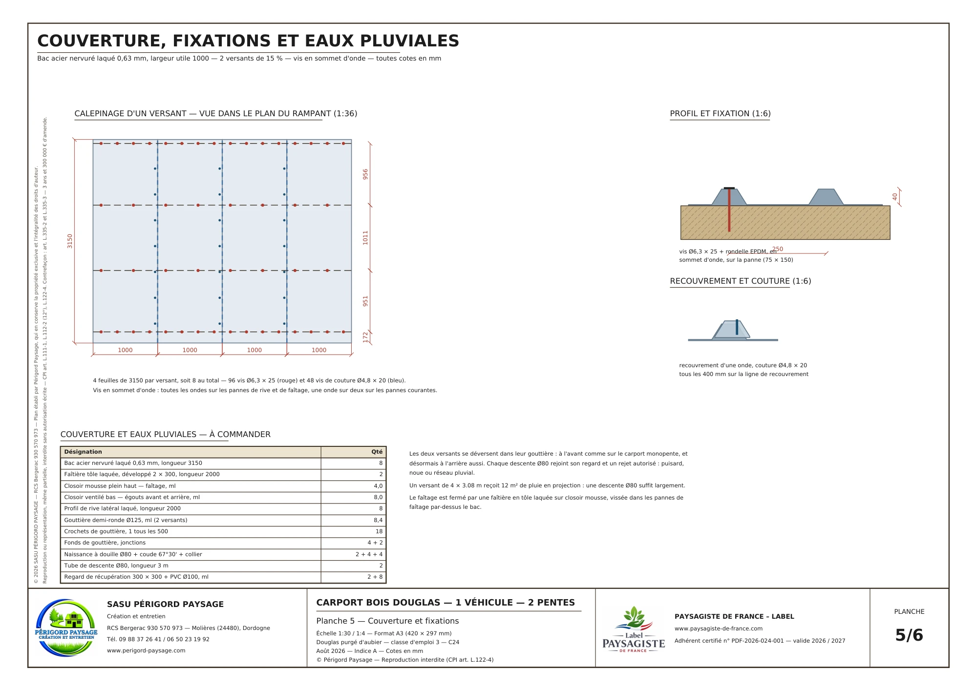 Carport Douglas à deux pentes · 1 véhicule : Nomenclature et fournitures