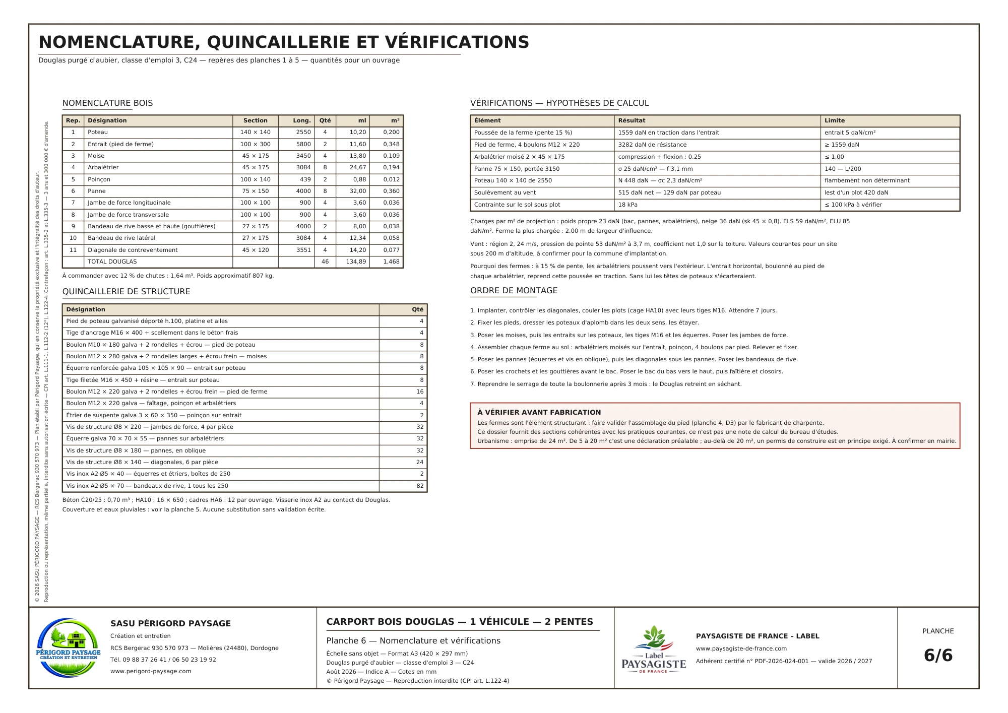 Carport Douglas à deux pentes · 1 véhicule : Hypothèses, vérifications et montage