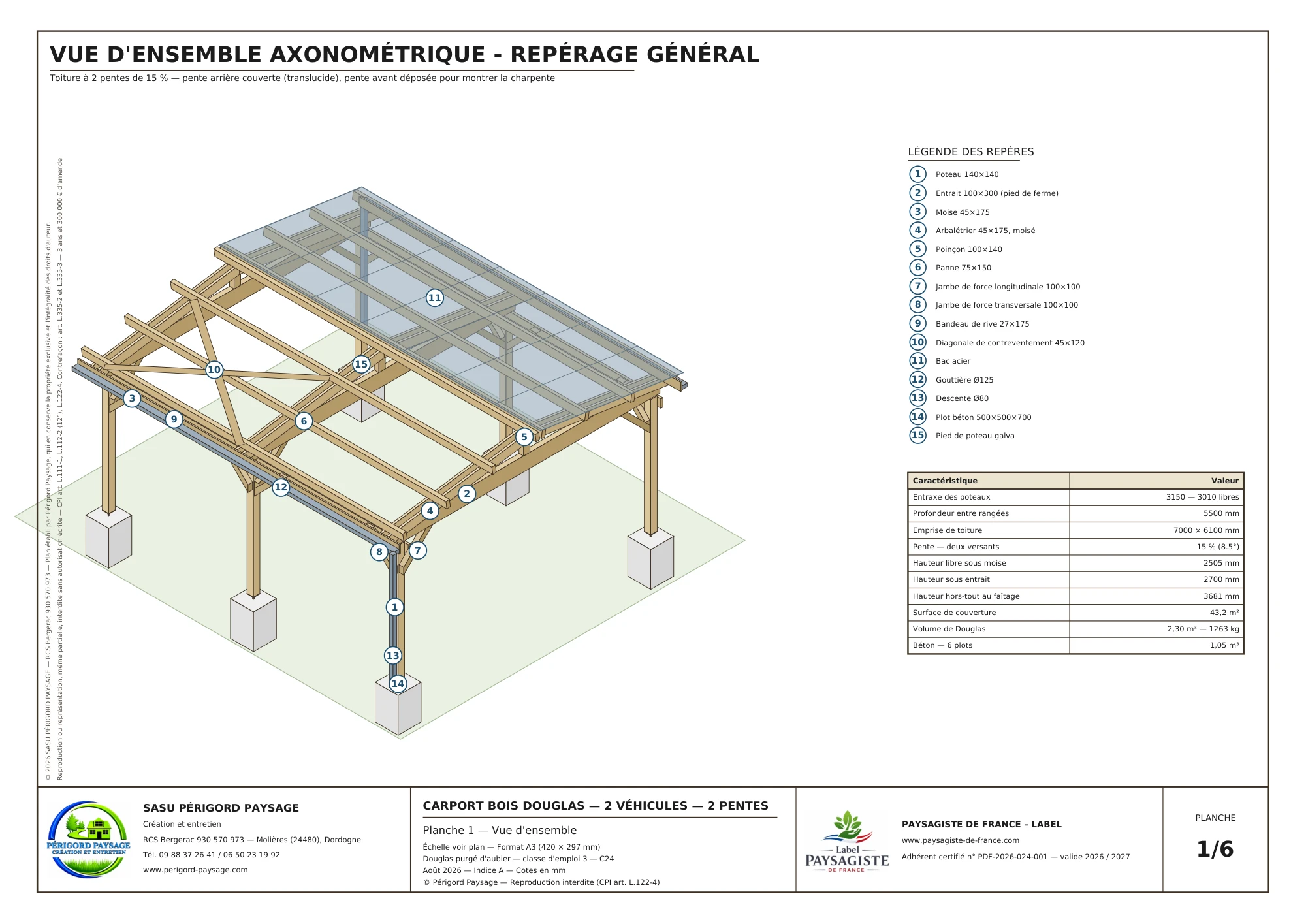 Carport Douglas à deux pentes · 2 véhicules : Vue d’ensemble et repérage
