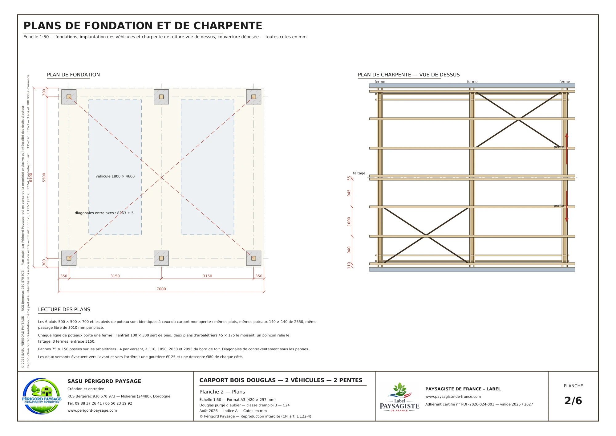 Carport Douglas à deux pentes · 2 véhicules : Fondations et plan de charpente
