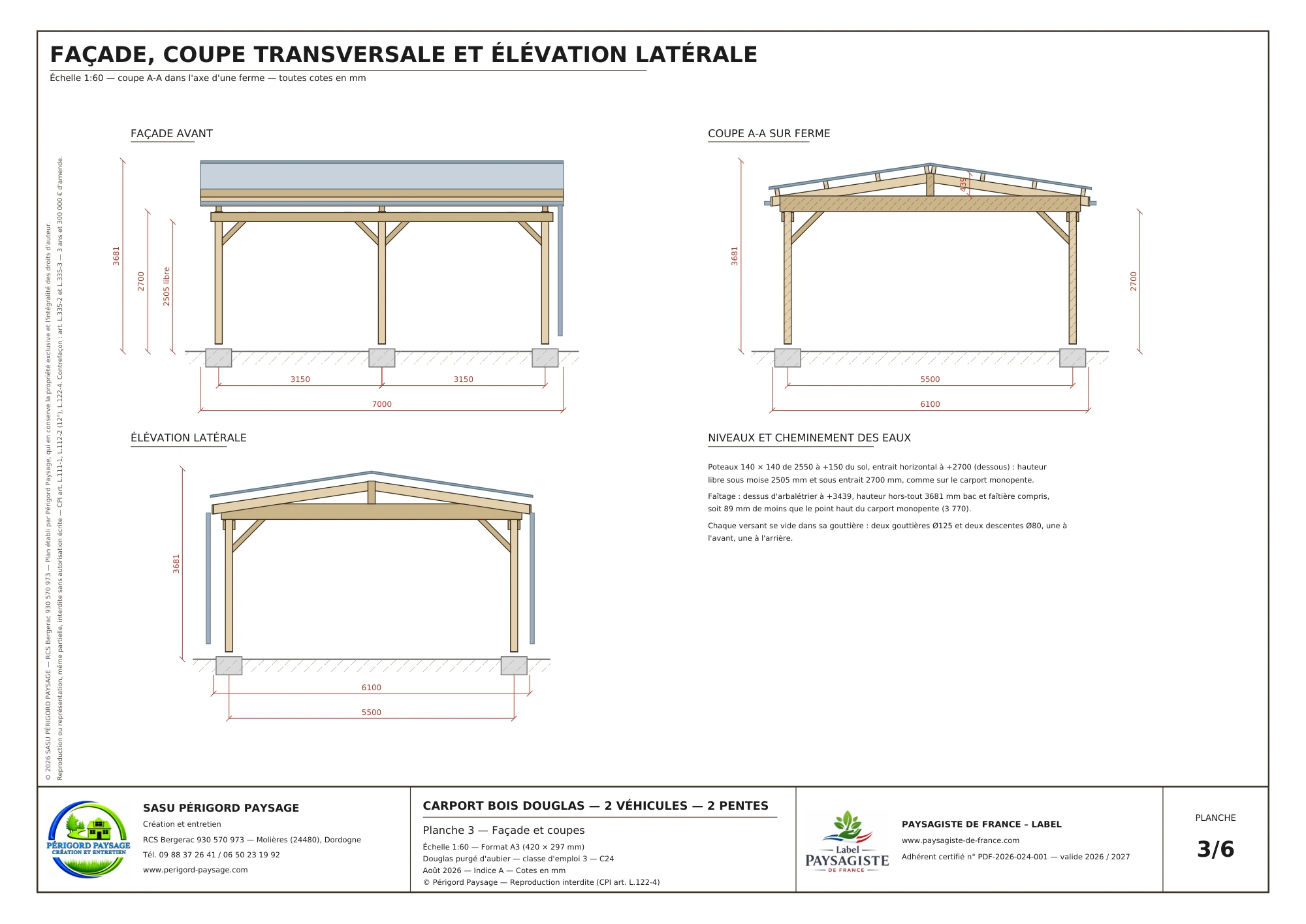 Carport Douglas à deux pentes · 2 véhicules : Façade, coupe et élévation latérale