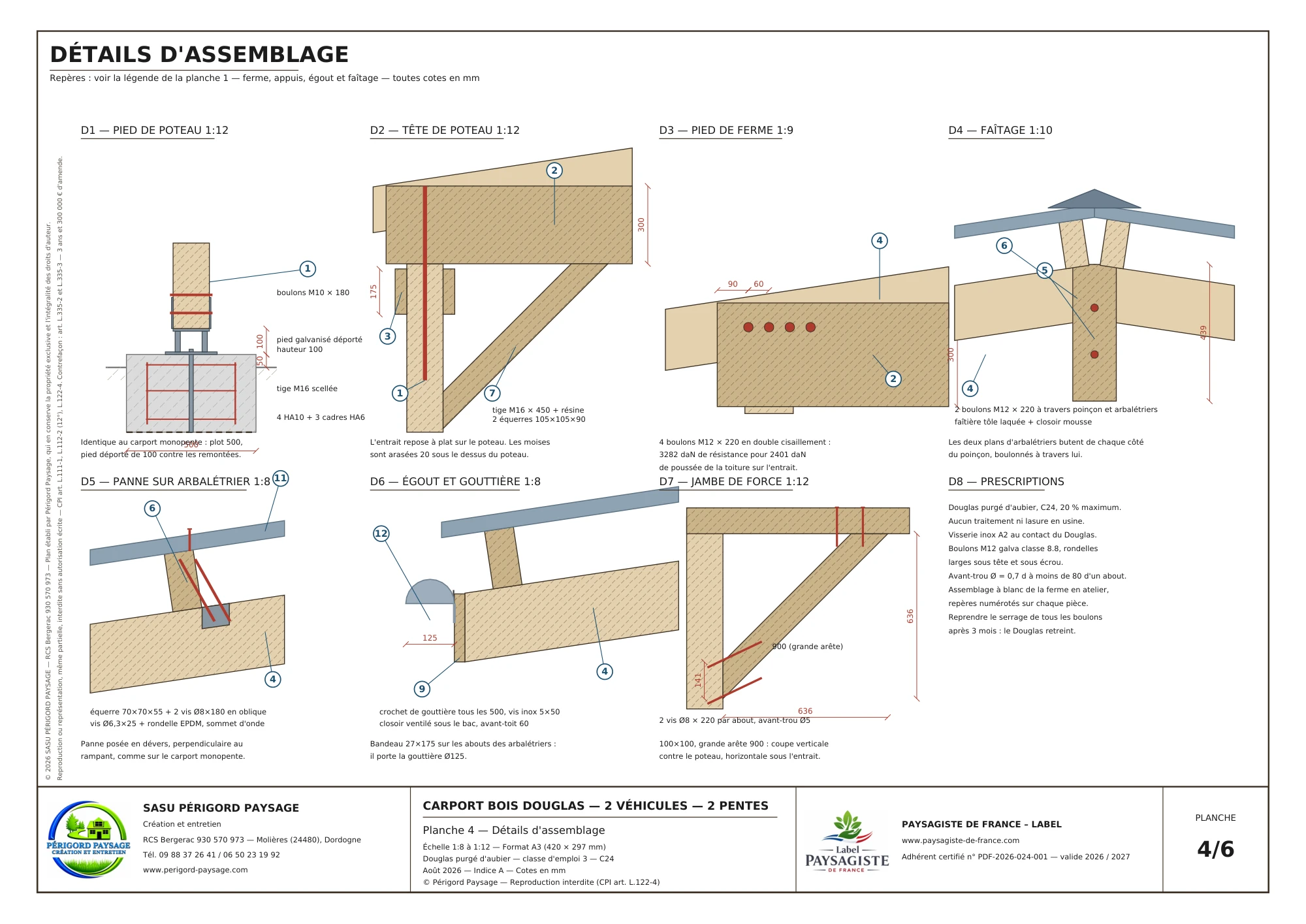 Carport Douglas à deux pentes · 2 véhicules : Détails des assemblages