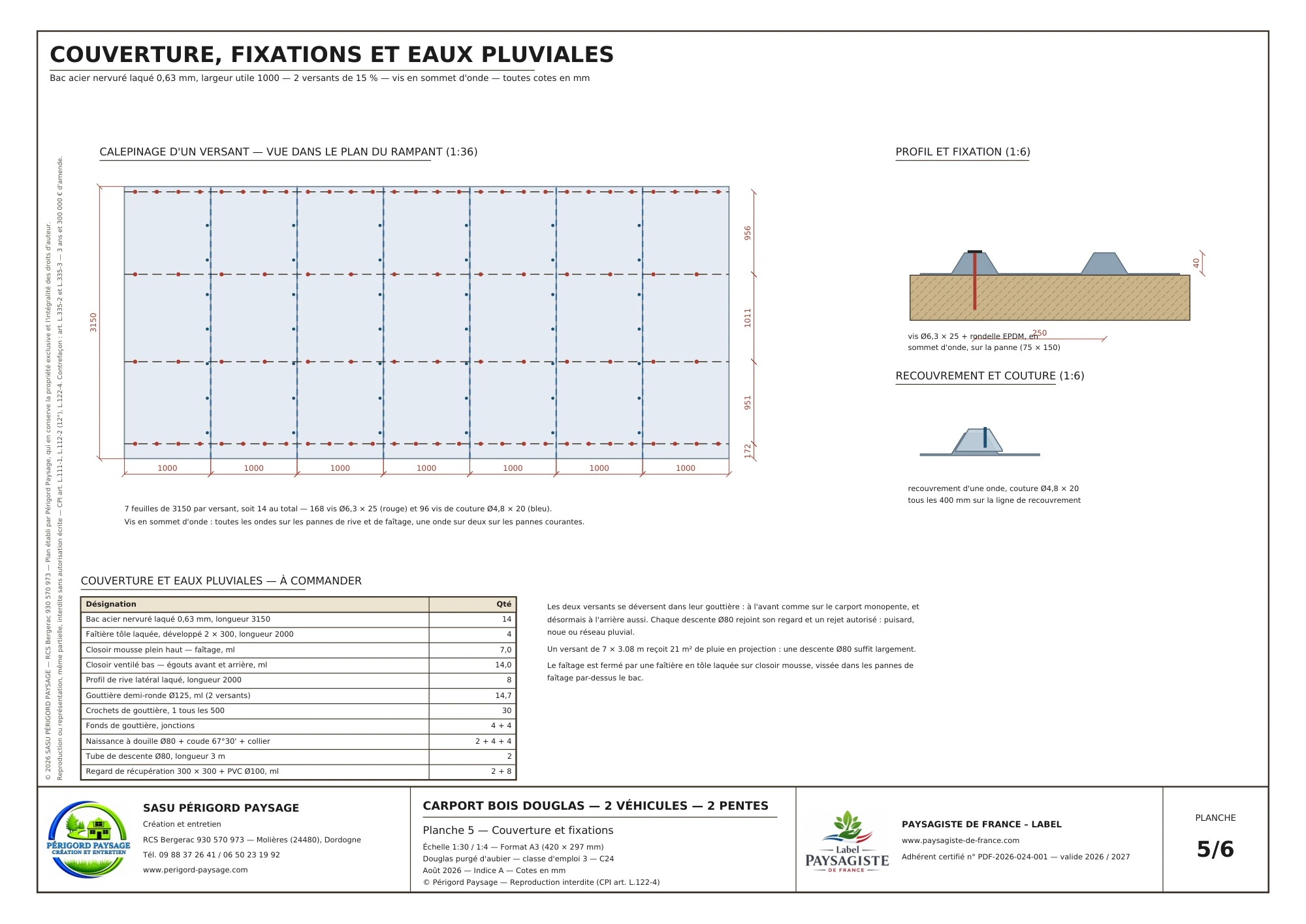 Carport Douglas à deux pentes · 2 véhicules : Nomenclature et fournitures