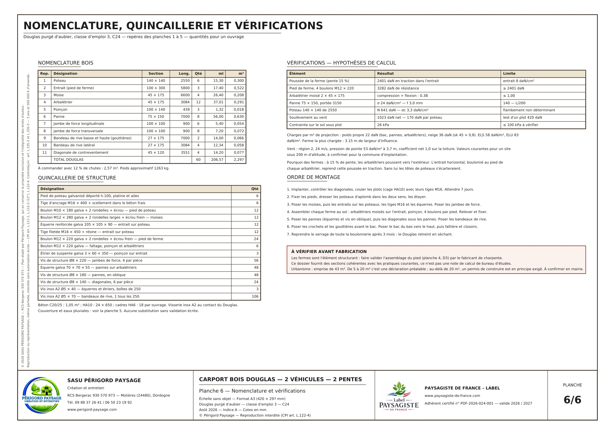 Carport Douglas à deux pentes · 2 véhicules : Hypothèses, vérifications et montage