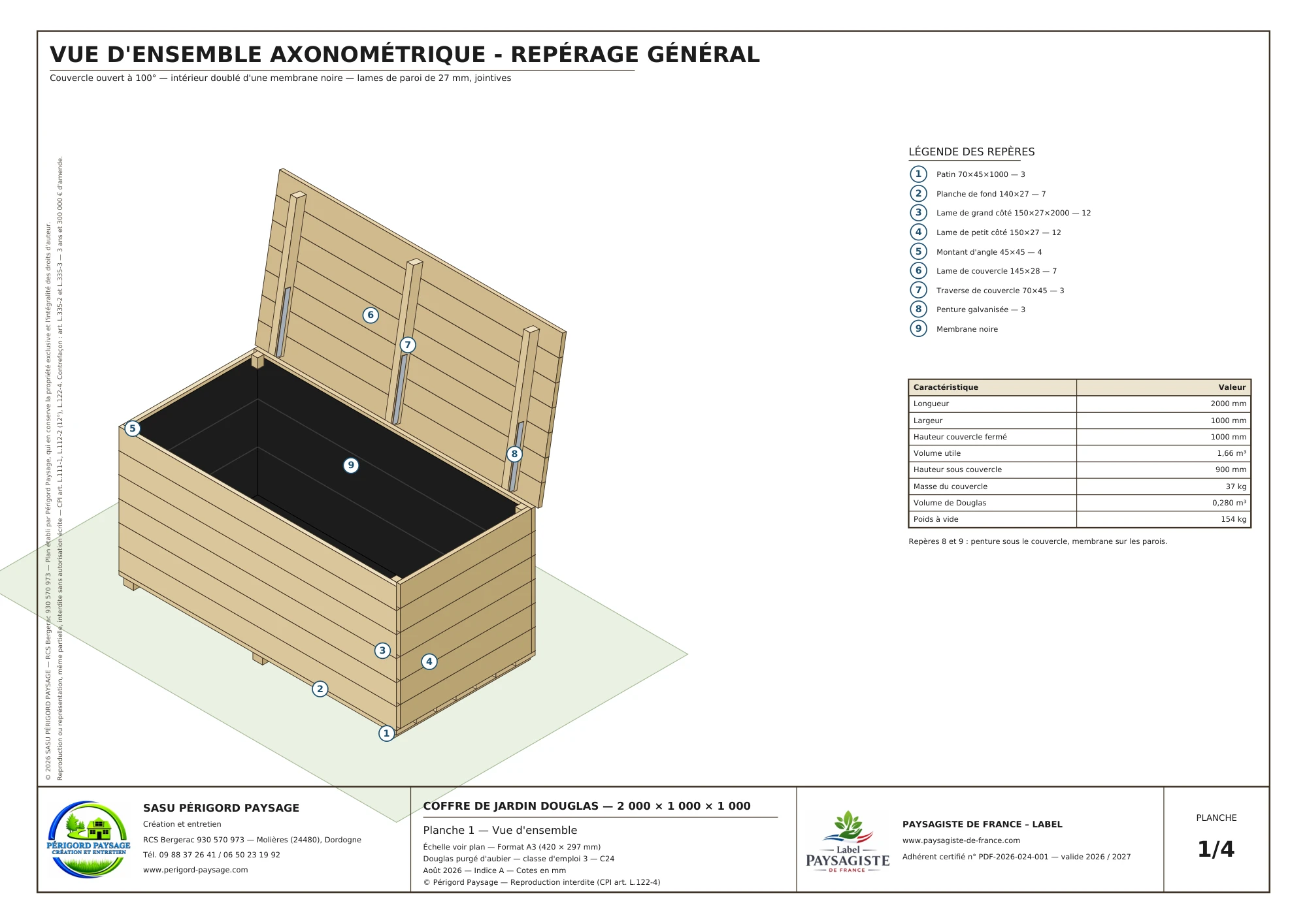 Coffre de jardin Douglas · 2 × 1 m · hauteur 1 m : Vue d’ensemble avec couvercle ouvert