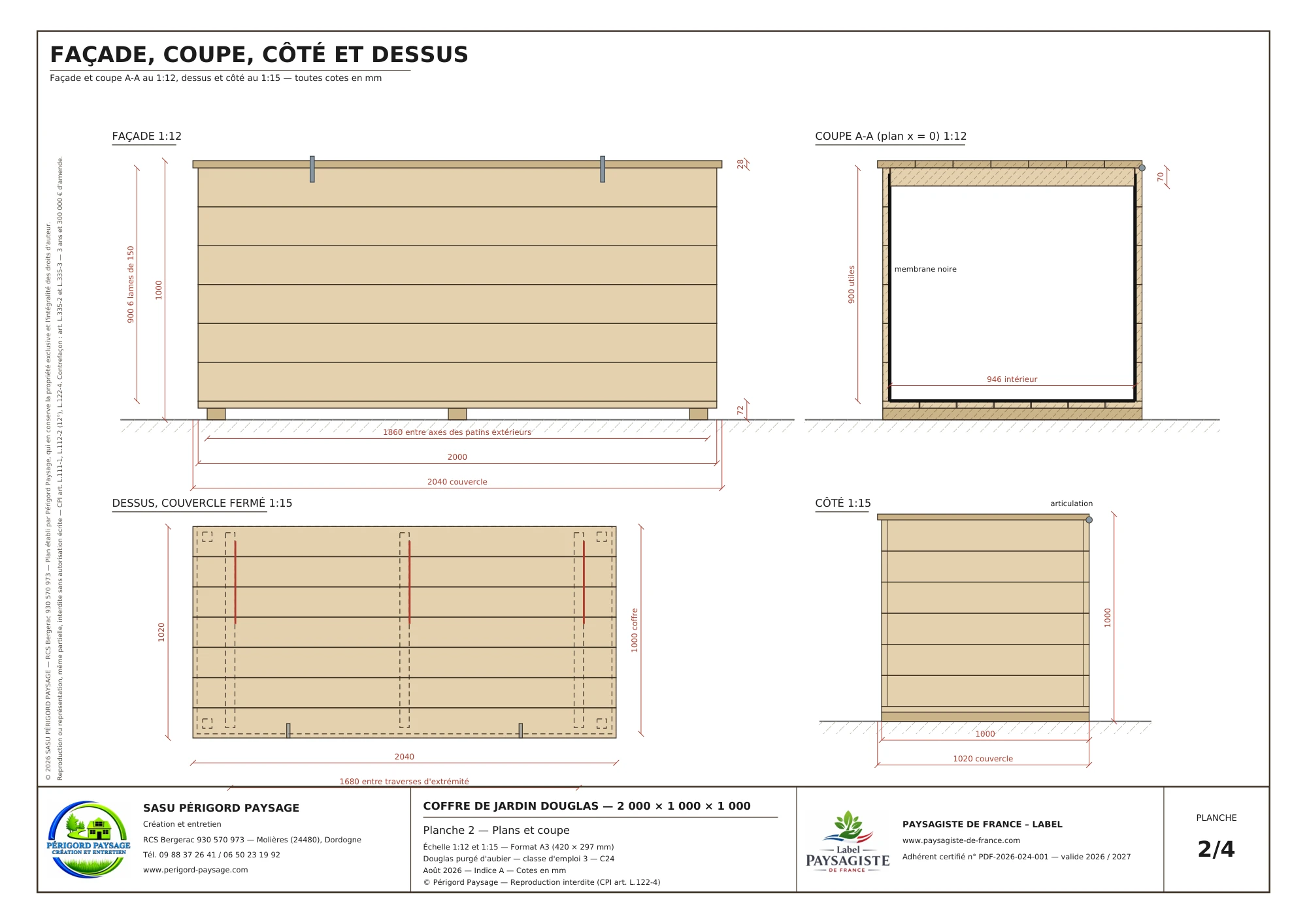 Coffre de jardin Douglas · 2 × 1 m · hauteur 1 m : Façade, coupe, côté et dessus