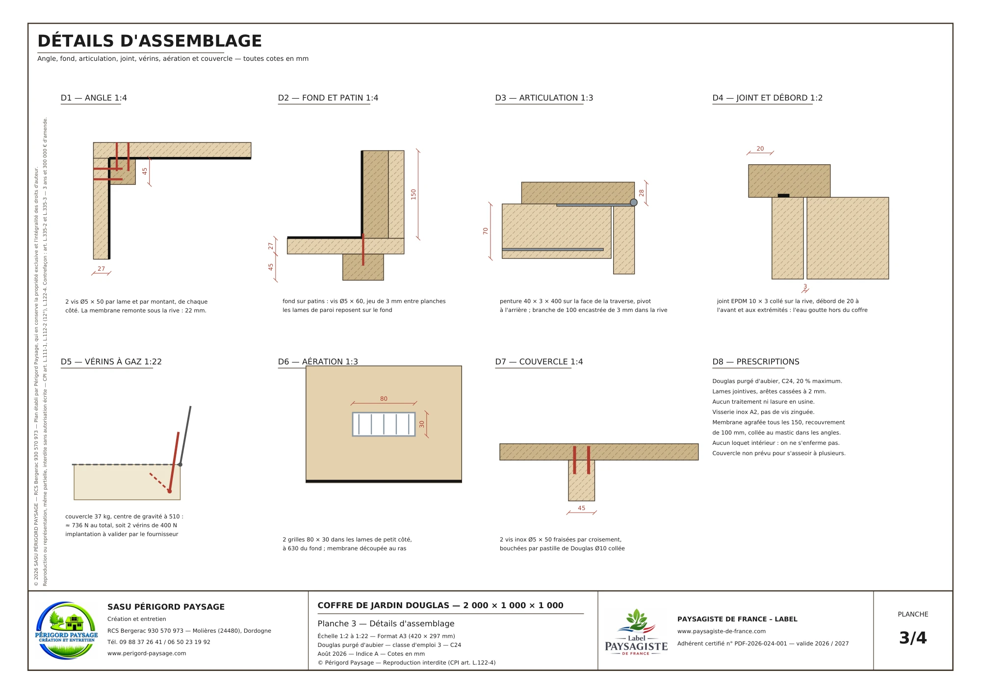 Coffre de jardin Douglas · 2 × 1 m · hauteur 1 m : Détails du fond, du couvercle et des équipements