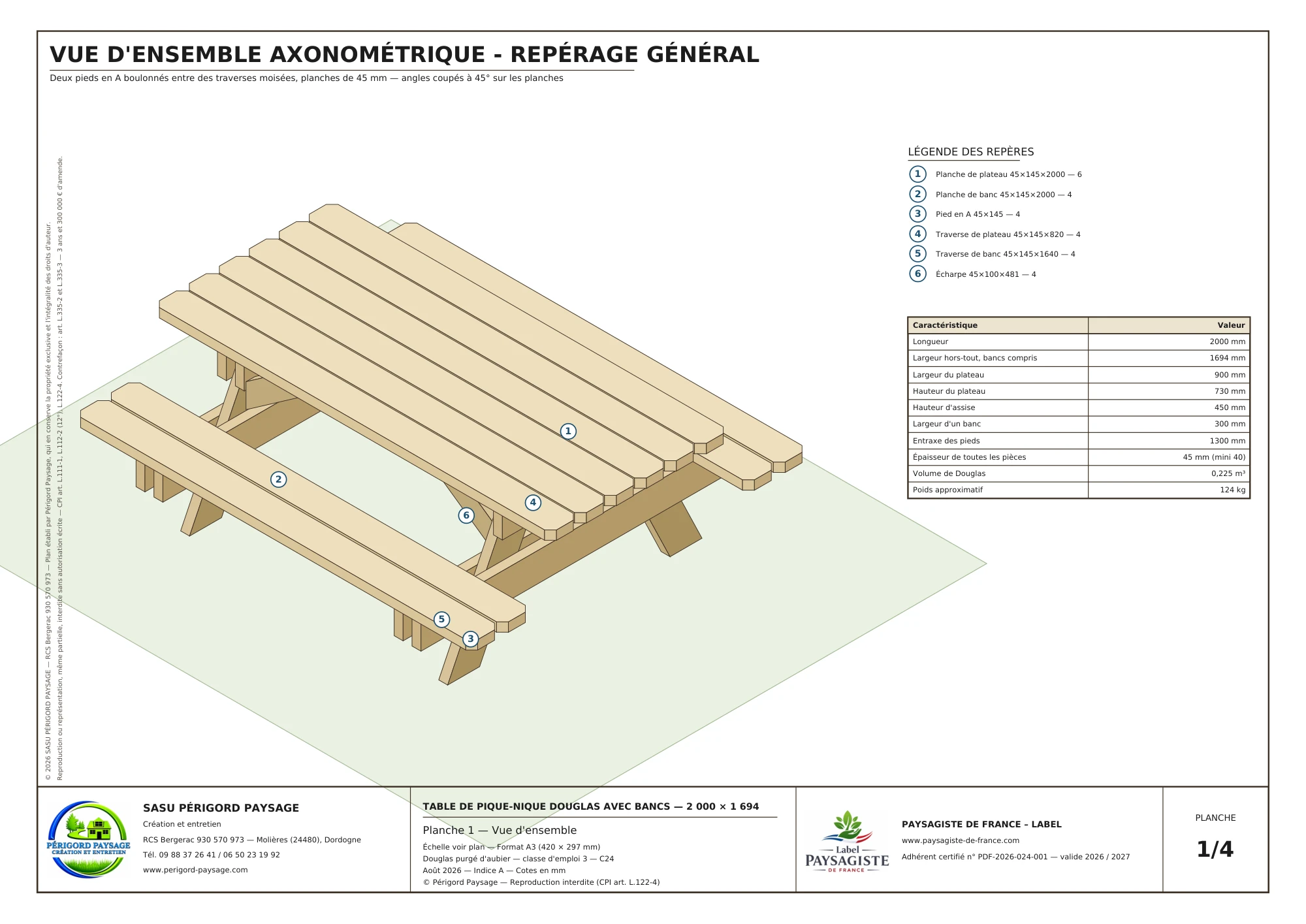 Table de pique-nique Douglas avec bancs · 2 m : Vue d’ensemble et repérage