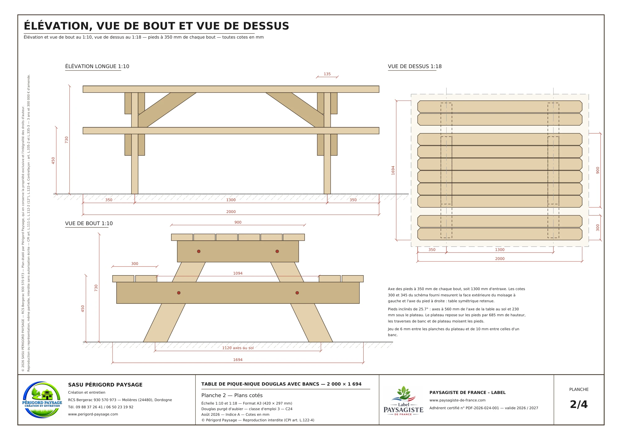 Table de pique-nique Douglas avec bancs · 2 m : Élévations et vue de dessus