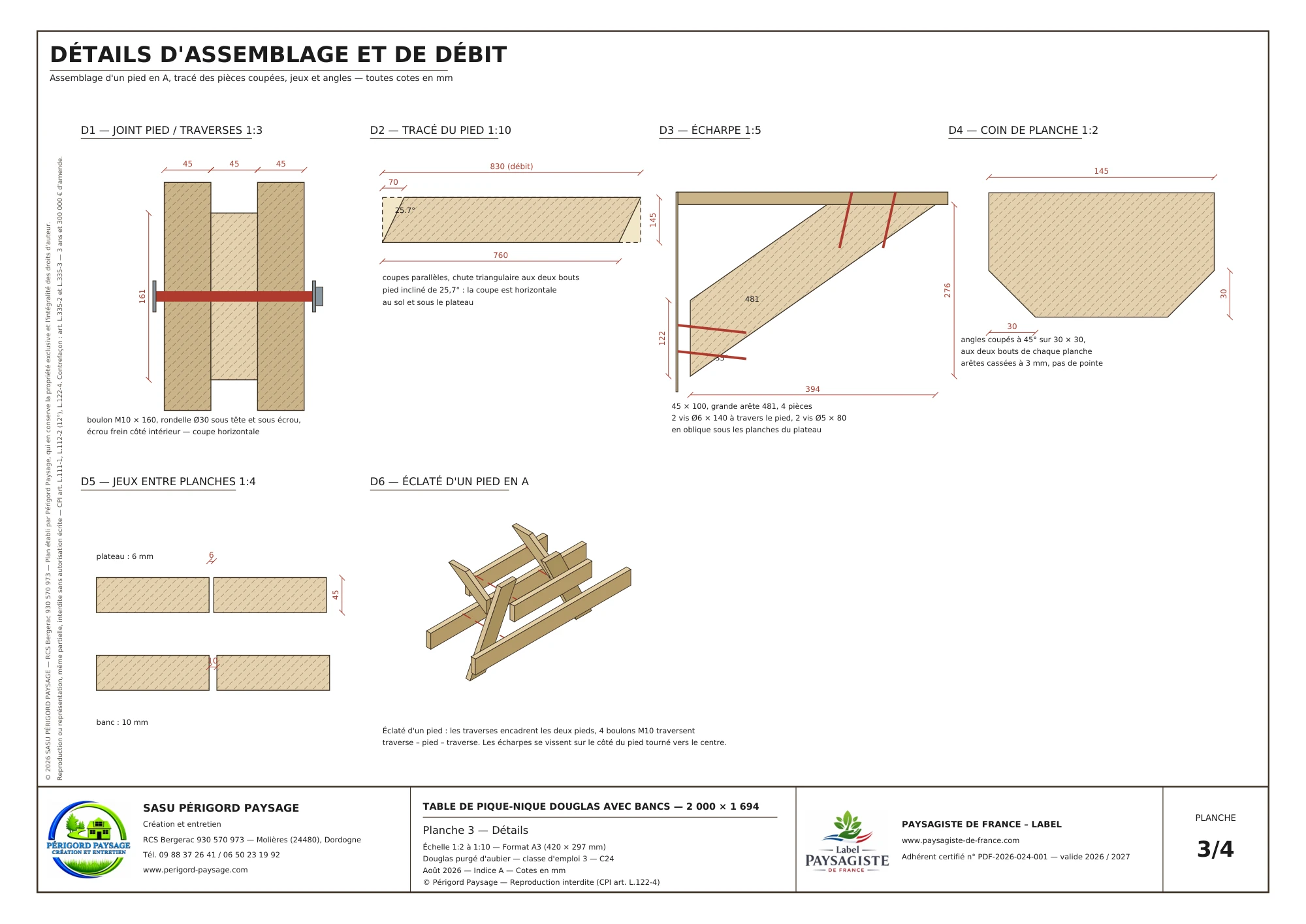 Table de pique-nique Douglas avec bancs · 2 m : Détails des assemblages et du débit