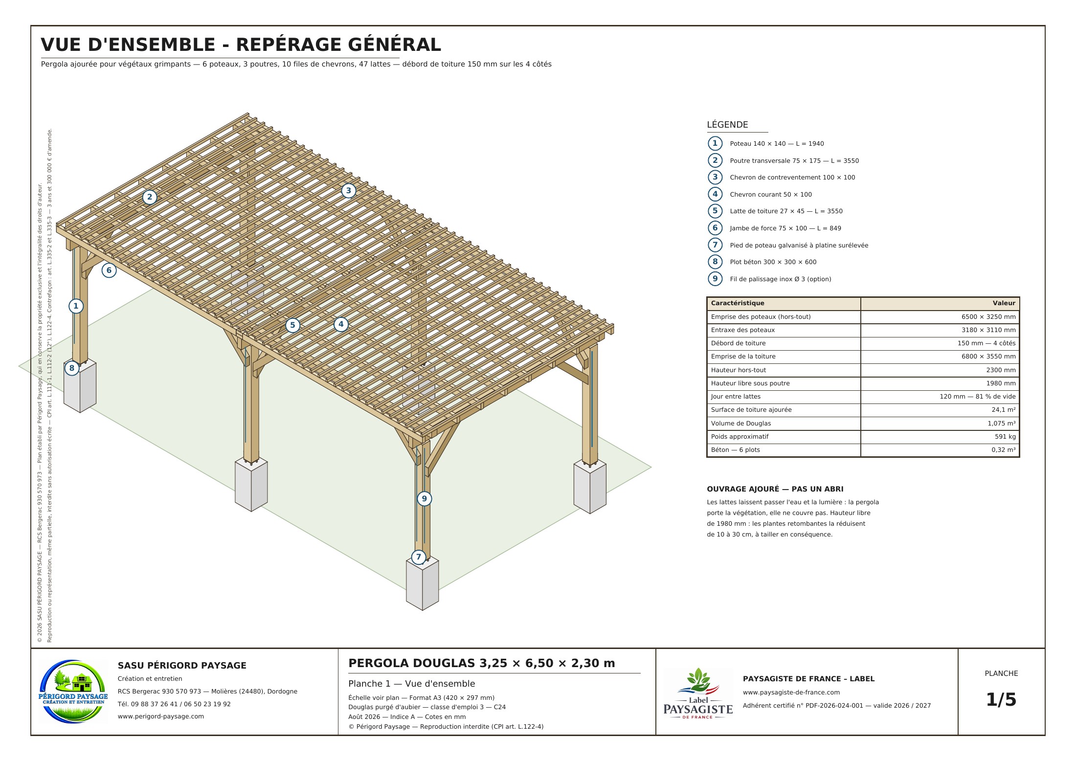 Plan original de la pergola 3,25 × 6,50 m : Vue d’ensemble et repérage
