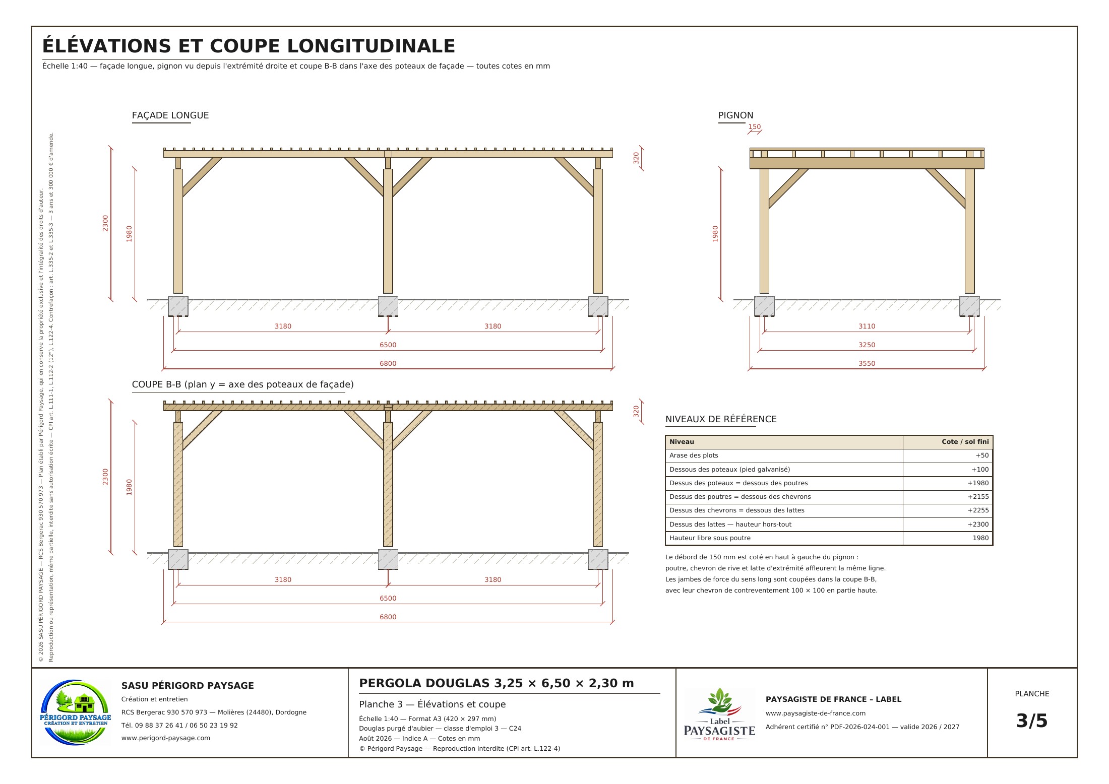 Plan original de la pergola 3,25 × 6,50 m : Élévations et coupe